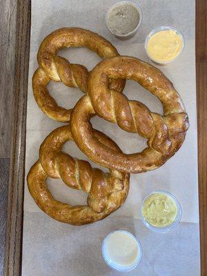 Scratch made soft pretzels!! Beer cheese and mustard dips!