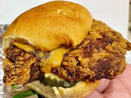 Spicy Fried Chicken Sando - very spicy. Plenty of crunch. Yummy soft bun. With fuku mayo.