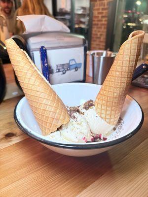 Ice cream platter with jam and granola