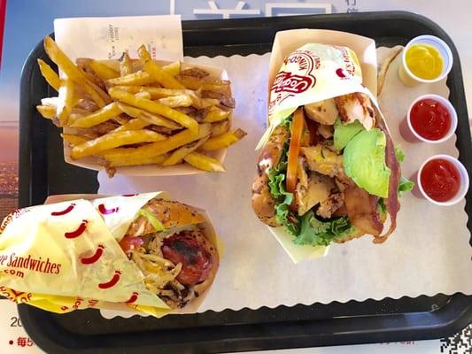 Kobe Beef Dog with fries and Chicken Sandwich (+drink) $24.16 with tax