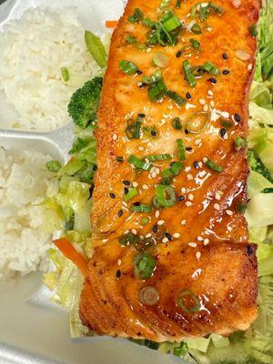 Fresh Teriyaki Salmon, seared to perfection and served with rice and vegetables. One of our most popular customer favorites.