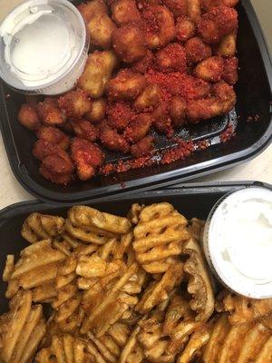 Flamin Hot Cheetos Cheese Bites and Waffle Fries plus House Ranch Dressing