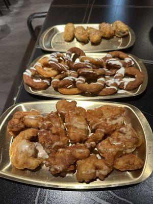 Fried oysters, onion rings, chicken karaage (top to bottom)