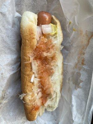 Dirty Water Hotdog - sauerkraut, onions, spicy brown mustard, hot sauce.