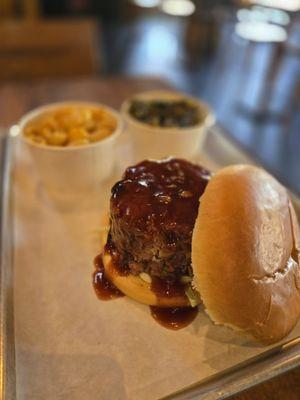 Pulled pork Sandwich, Mac n Cheese, and Collard Greens.