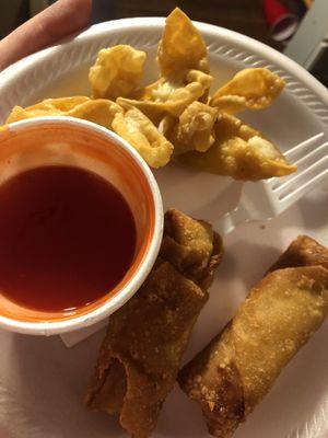 Pork egg rolls and crab rangoons with sweet and sour sauce