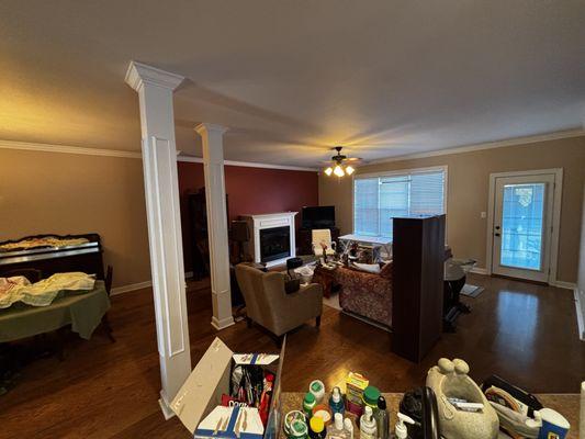 Interior painting of ceiling, walls, trim and doors. Added a red accent wall as well.