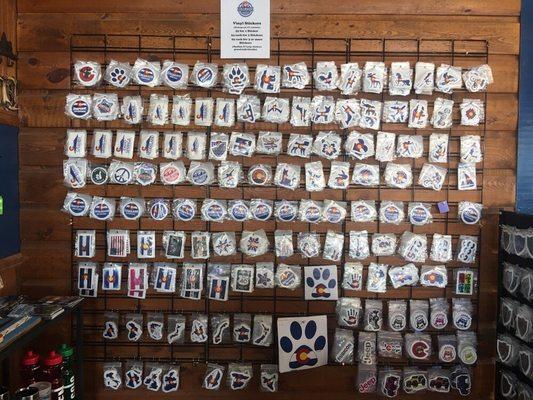 One of biggest and unique selections of Colorado stickers around. Also have state flag patches and Rocky Mountain National park patches.