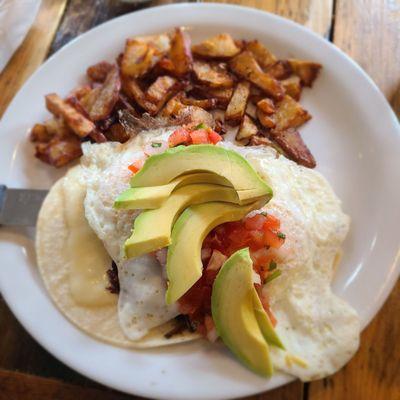 Huevos Rancheros with the best crispy home fries!