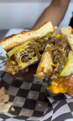 Smashed cheeseburger... in half