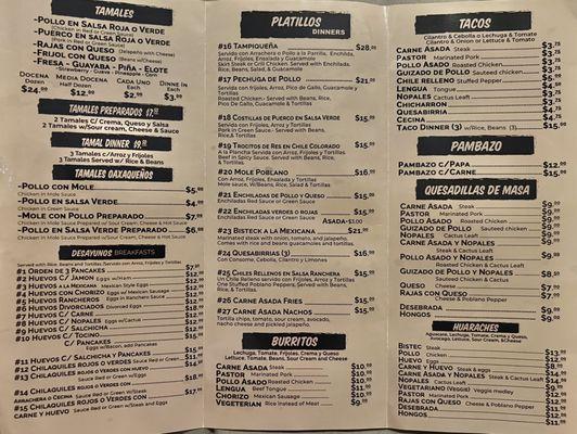 Menu: Tamales, Breakfast, Entrees, Burritos, Tacos, Quesadillas, Huaraches, Pambazo