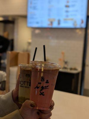 Iced pistachio latte and iced red velvet latte