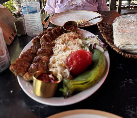 Not sure what type of meat was in the kabob but it was delicious and more than enough food for us to share.