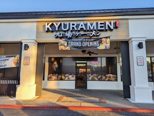 Kyuramen storefront at sunset on October 24, 2023. This location opened at Abernathy Square in June 2023.