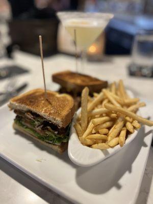 Grilled chicken club sandwich with fries - $21. Very good