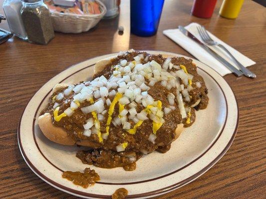 Two special Coney Island hotdogs with everything!