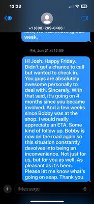 Text to Josh gone unanswered and showing we've been extremely understanding thru this process