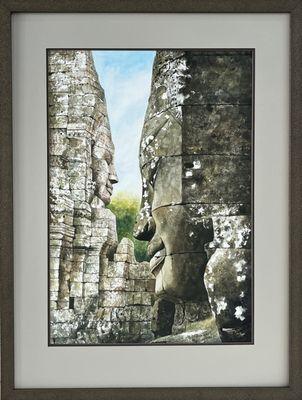 We designed with an Universal Arquati Moulding in a Unagi Bronze textured frame paired with a double mat in brown and gray, and Museum glass