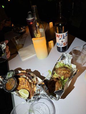Shrimp tacos and boudin balls