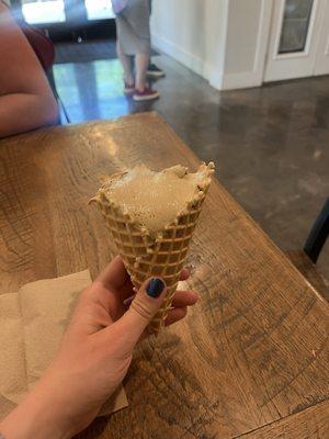 Java chip ice cream in a waffle cone
