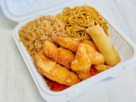 Honey garlic chicken,spring roll w rice add noodle