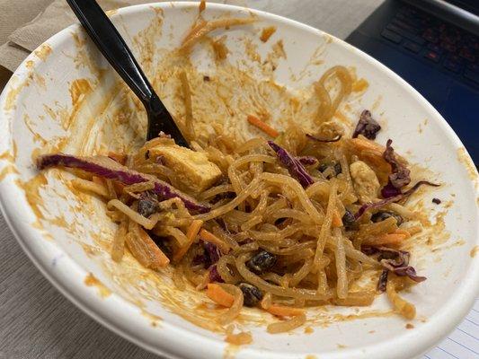 Noodle bowl with chicken, cabbage, beans, carrots, bean sprouts, cucumber, and yum yum