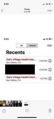 Proof of Ted Village Pharmacy calling me twice today(06/11/2021).