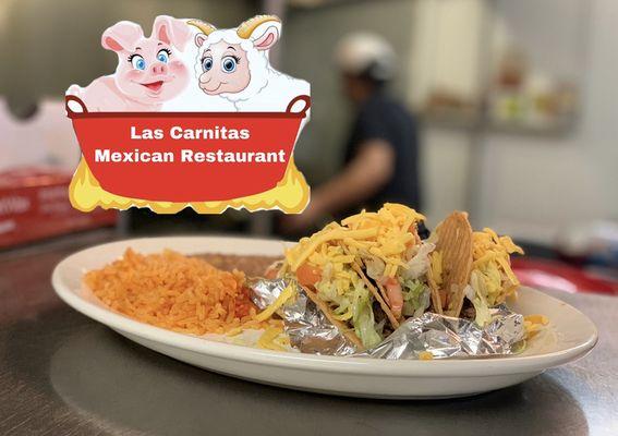 Crispy tacos plate served with rice and beans choice of beef or chicken.