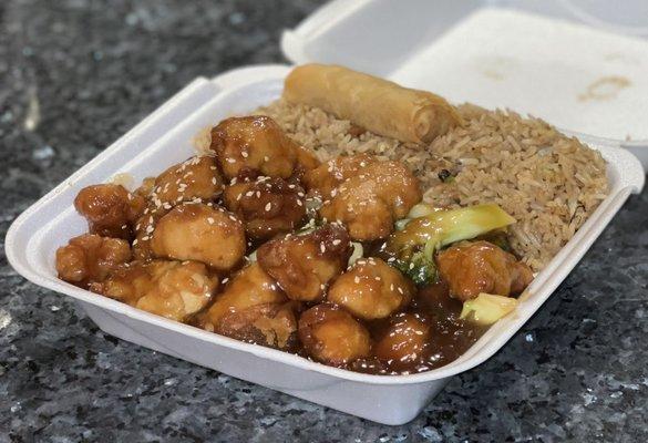 Sesame Chicken with Spring Roll and Fried Rice