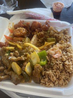 Shrimp fried rice (extra $), pepper steam (extra $) and jalapeño chicken.