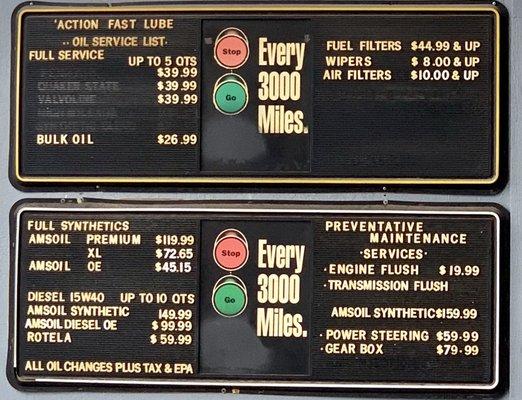 Prices as of December 2018. $45 for a Full Synthetic Oil Change!
