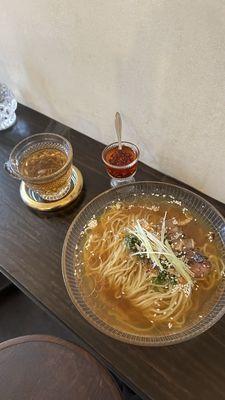 Steak ramen, chili oil, hojicha tea