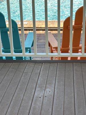 The patio at the side of the pool