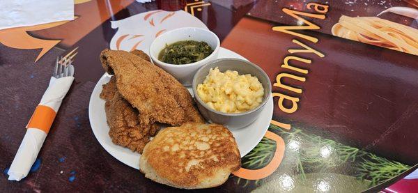 Catfish, greens & mac-n-cheese