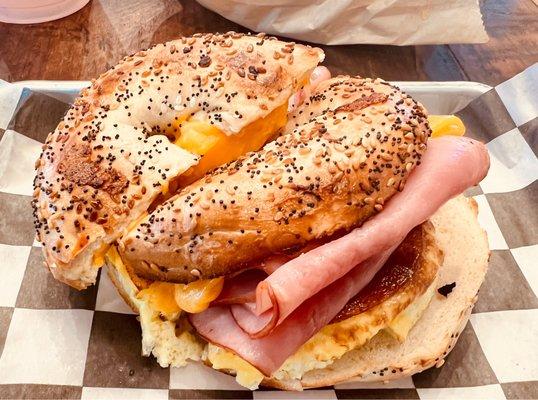 Ham Houston Bagel Sandwich on an Everything Bagel