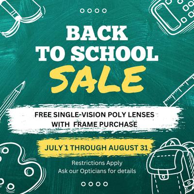 Get your child on the right track this school year with new glasses! Limited-time offer valid 07/01/2023-08/31/2023.