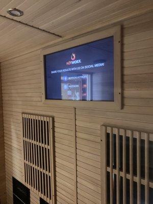 Screen in sauna with guided work out