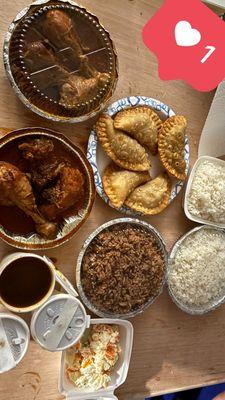2 Chicken Stew plates, extra rice + beans, 4 Chicken Pastelito, 1 Beef Pastelito + potato salad