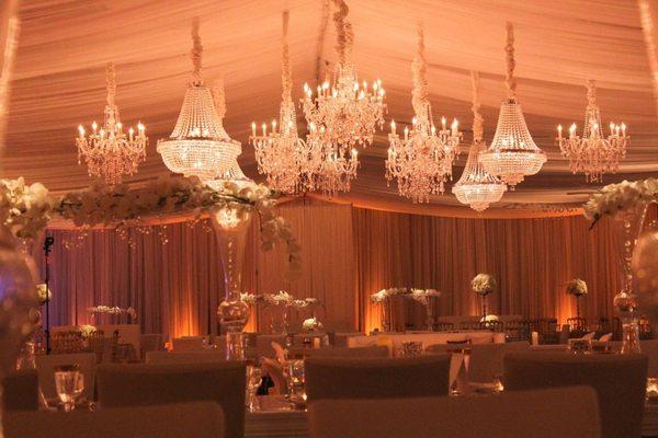 Elegant wedding with entire room lighting, pin spot tables and chandeliers over dance floor - ALPS