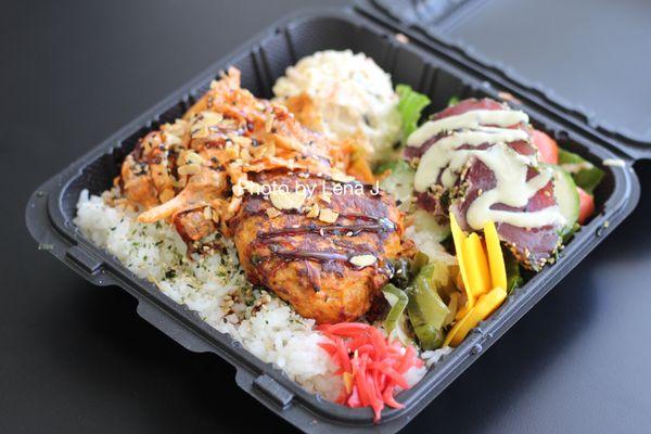 Ahi Fever ($22) - spicy mayo, furikake seared, kimchi ahi patty, rice, greens, mac salad. Really great, highly recommend.