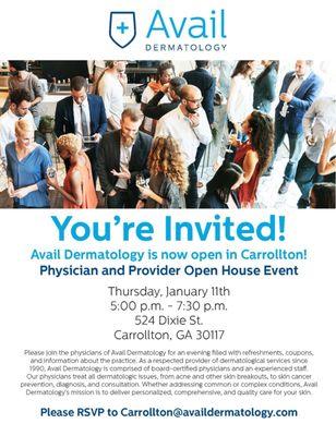 YOU'RE INVITED!! Our new Carrollton location open house is Thursday, January 11, 2018, from 5-7:30pm! Come meet the providers and staff!