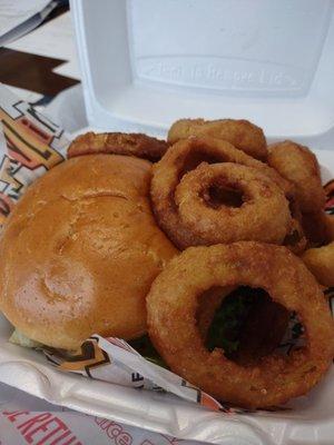 Cheese burger and onion rings