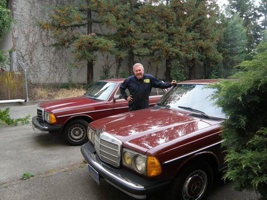 The two MB - My wife's '85 300D behind and the manager and his Grandfather's '81 240 D.