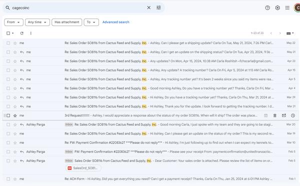 My MANY emails to Ashley about my order.