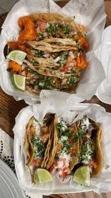 Fish tacos & steak tacos with sour cream.