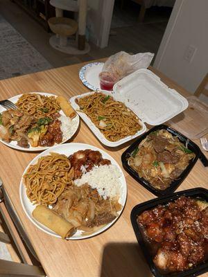 Left to right: cream cheese wontons, chicken lo-mein, beef chow-fun, sesame chicken, and veggie spring rolls