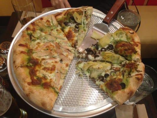 Large pesto pizza, half Chicken half vegetarian. Delicious!