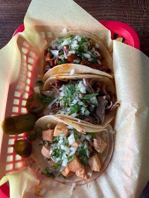 Bottom to top - Pollo Taco, buche taco, pastor taco