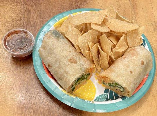 Chile Relleno burrito to go w/chips and salsa(no beans, rice only)
