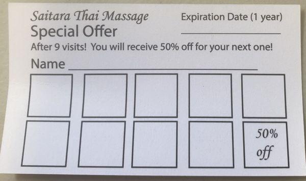 We offer rewards point card. Every 9 hours of massage session you'll get free 30 minutes free therapy session.